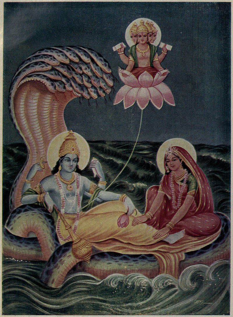 Phạm Thiên,Vishnu with Lakshmi, on the serpent Ananta Shesha, as Brahmā emerges from a lotus risen from Viṣņu's navel