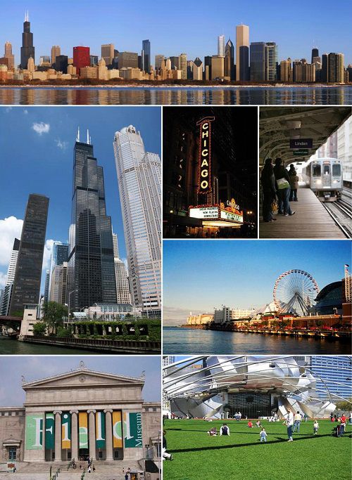 Chicago,thành phố Chicago,Theo chiều kim đồng hồ từ phía trên: Downtown Chicago, Nhà hát Chicago, 'L', Cầu tàu Hải quân, Công viên Thiên niên kỷ, Bảo tàng Field, và Tháp Willis.