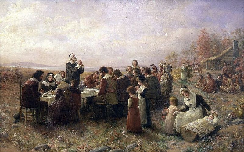 Bức tranh The First Thanksgiving at Plymouth (Lễ Tạ ơn đầu tiên tại Plymouth) của Jennie A. Brownscombe năm 1914,lễ tạ ơn là gì,lễ tạ ơn vào ngày nào,sự tích lễ tạ ơn,ý nghĩa lễ tạ ơn,lễ tạ ơn ở nước nào,món ăn trong lễ tạ ơn là gì,món ăn trong lễ tạ ơn,lễ tạ ơn,What is Thanksgiving,Thanksgiving