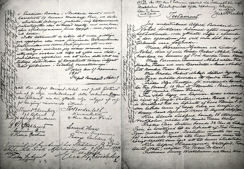 Di chúc của Alfred Nobel yêu cầu sử dụng 94% tài sản của ông để trao các giải Nobel.