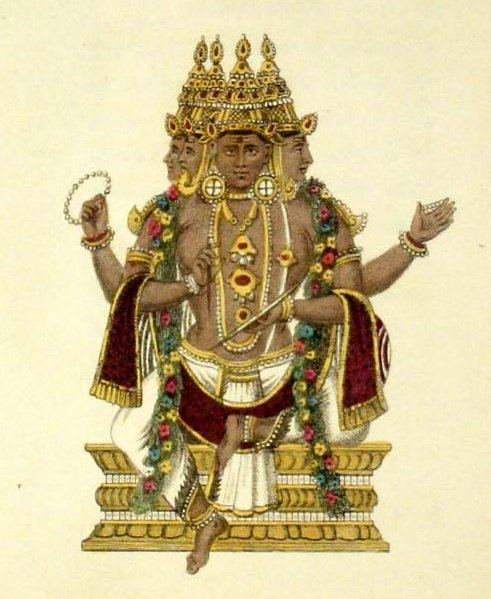 A handcoloured engraving of Brahma.