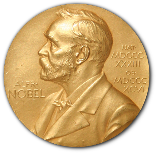 Giải thưởng Nobel,Huy chương Nobel làm bằng 150 gram vàng 18 ca-ra chạm hình Alfred Nobel.