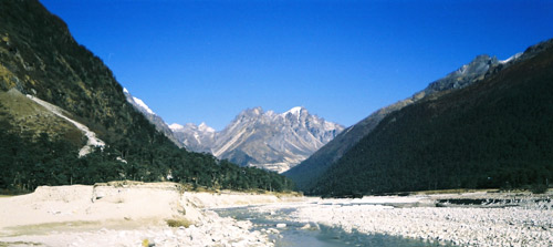 The Himalayan range at Yumesongdong in Sikkim, in the Yumthang River valley