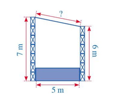 Cho hình vẽ: Hình vẽ trên mô tả mặt cắt đứng của một sân khấu ngoài trời có mái che. Chiều cao của khung phía trước khoảng 7 m, chiều cao của khung phía sau là 6 m, hai khung cách nhau một khoảng 5 m. Chiều dài của mái che sân khấu khoảng … mét. Số thích hợp để điền vào chỗ chấm là:
