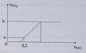 Cho từ từ dung dịch HCl vào dung dịch chứa 0,15 mol Na<sub>2</sub>CO<sub>3</sub> và 0,10 mol KHCO<sub>3</sub>. Số mol khí CO<sub>2</sub> thu được phụ thuộc vào số mol HCl được biểu diễn trên đồ thị hình bên. Giá trị của (a + b) là