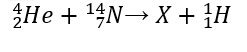 Dùng hạt α có động năng K bắn vào hạt nhân N714 đứng yên gây ra phản ứng Phản ứng này thu năng lượng 1,21 MeV và không kèm theo bức xạ gamma. Lấy khối lượng các hạt nhân tính theo đơn vị u bằng số khối của chúng. Hạt nhân X và hạt nhân H11 bay ra theo các hướng hợp với hướng chuyển động của hạt α các góc lần lượt là 20° và 67°. Động năng của hạt nhân X là