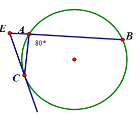 Cho hình vẽ, biết EC là tiếp tuyến của đường tròn, cung ACE = 350 ; ∠(BAC) = 800 . Số đo góc BEC bằng: