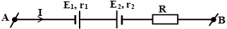 Cho mạch điện như hình, bỏ qua điện trở của dây nối. Biết E1= 3V, E2<sub> </sub>= 12V, r1<sub> </sub>= 0,5Ω; r2<sub> </sub>= 1Ω; R = 2,5Ω, UAB<sub> </sub>= 10V Nguồn nào đóng vai trò máy phát, máy thu?