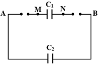 Cho mạch điện như hình vẽ, nguồn UAM=3V, UNB=8V; tụ C1=2μF, C2=3μF. Hiệu điện thế giữa hai đầu tụ C1 là