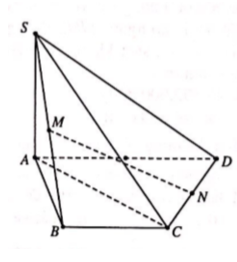 Cho hình chóp S.ABCD có đáy ABCD là hình thang cân, AD=2AB=2CD=2a. Hai mặt phẳng (SAB) và (SAD) cùng vuông góc với mặt phẳng (ABCD). Gọi M, N lần lượt là trung điểm của SB và CD (tham khảo hình vẽ bên). Tính sin góc giữa MN và (SAC), biết thể tích khối chóp S.ABCD bằng a334.