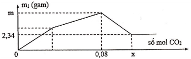 Sục từ từ khí CO<sub>2</sub> đến dư vào dung dịch chứa a mol Ca(OH)<sub>2</sub> và b mol KAlO<sub>2</sub>. Khối lượng kết tủa thu sau phản ứng được biểu diễn trên đồ thị như hình vẽ. Giá trị của (a – b + x) là?