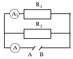 Cho mạch điện có sơ đồ như hình vẽ, trong đó R<sub>1</sub> = 10 Ω, ampe kế A<sub>1</sub> chỉ 1A, ampe kế A chỉ 3 A. Điện trở R<sub>2</sub> có thể nhận giá trị nào sau đây.