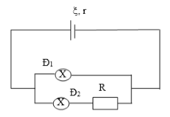 Cho mạch điện như hình vẽ. Trên các bóng đèn có ghi Đ1 (6 V- 3 W), Đ­2 (3 V- 1,5 W).Để các đèn đều sáng bình thường thì R phải có giá trị là