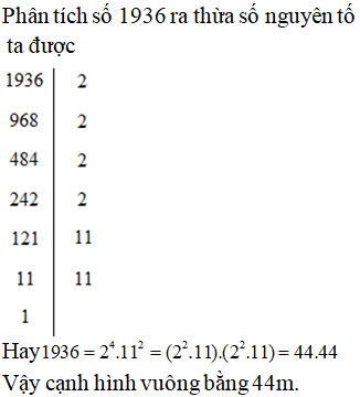 Một hình vuông có diện tích là 1936m2. Tính cạnh của hình vuông đó.