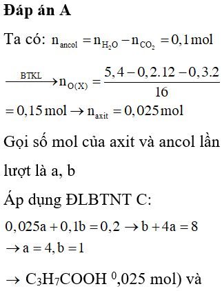 Đốt cháy hoàn toàn 5,4 gam hỗn hợp X gồm một axit cacboxylic no đơn chức và một ancol đơn chức Y, thu được 0,2 mol CO<sub>2</sub> và 0,3 mol H<sub>2</sub>O. Thực hiện phản ứng este hóa 5,4 gam X với hiệu suất 80% thu được m gam este. Giá trị của m là