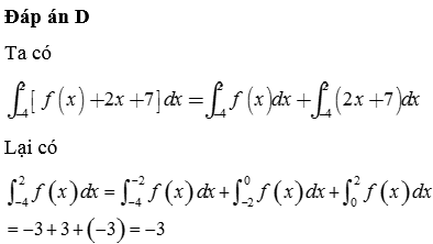 Mỗi hình phẳng A , B, C giởi hạn bởi đồ thị hàm số y=f(x) và trục hoành đều có diện tích bằng 3. Tính ∫−42fx+2x+7dx