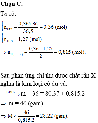 Cho m gam kim loại kiềm M vào 36 gam dung dịch HCl 36,5% thu được chất rắn X có khối lượng là 80,37 gam. M là