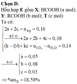 Cho X, Y là hai axit cacboxylic đơn chức mạch hở (M<sub>X</sub> < M<sub>Y</sub>); T là este hai chức tạo bởi X, Y và một ancol no mạch hở. Đốt cháy hoàn toàn 12,38 gam hỗn hợp E gồm X, Y, T bằng một lượng vừa đủ O<sub>2</sub>, thu được 0,47 mol CO<sub>2 </sub>(đktc) và 0,33 mol H<sub>2</sub>O. Mặt khác 12,38 gam E tác dụng với dung dịch AgNO<sub>3</sub> trong NH<sub>3</sub> dư, thu được 17,28 gam Ag. Phần trăm khối lượng của X trong E gần nhất với giá trị nào sau đây?