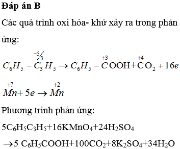 Từ chất X (C<sub>6</sub>H<sub>5</sub>-CH<sub>2</sub>-CH=CH<sub>2</sub>), thực hiện phản ứng sau: X + KMnO<sub>4</sub> + H<sub>2</sub>SO<sub>4</sub> → C<sub>6</sub>H<sub>5</sub>COOH + CO<sub>2</sub> + MnSO<sub>4</sub> + K<sub>2</sub>SO<sub>4</sub> + H<sub>2</sub>O. Trong phương trình hóa học trên, khi hệ số của C<sub>6</sub>H<sub>5</sub>COOH là 5 thì hệ số của H<sub>2</sub>O là