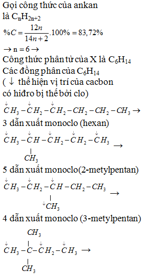 Khi cho ankan X (trong phân tử có phần trăm khối lượng cacbon bằng 83,72%) tác dụng với clo theo tỉ lệ số mol 1 : 1 (trong điều kiện chiếu sáng) chỉ thu được 2 dẫn xuất monoclo đồng phân của nhau. Tên của X là