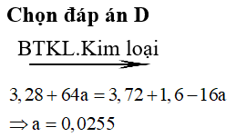 Cho 3,28 gam hỗn hợp X gồm Mg và Fe vào dung dịch chứa a mol Cu(NO<sub>3</sub>)<sub>2</sub>, sau một thời gian thu được dung dịch Y và 3,72 gam chất rắn Z. Cho Y tác dụng hết với lượng dư dung dịch NaOH, kết tủa thu được đem nung trong chân không đến khối lượng không đổi còn lại 1,6 gam chất rắn khan. Giá trị của a gần nhất với giá trị nào sau đây?