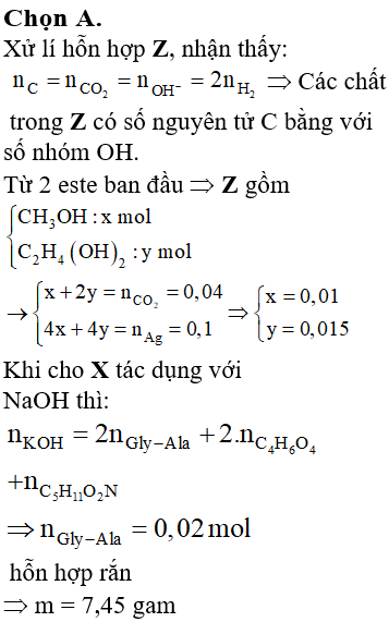 Hỗn hợp X gồm đipeptit C<sub>5</sub>H<sub>10</sub>N<sub>2</sub>O<sub>3</sub>, este đa chức C<sub>4</sub>H<sub>6</sub>O<sub>4</sub>, este C<sub>5</sub>H<sub>11</sub>O<sub>2</sub>N. Cho X tác dụng vừa đủ với 800 ml dung dịch NaOH 0,1M, cô cạn dung dịch sau phản ứng thu được m gam rắn khan và hỗn hợp khí Z (chứa các hợp chất hữu cơ). Cho Z thu được tác dụng với Na dư thấy thoát ra 0,448 lít khí H<sub>2</sub> (đktc). Nếu đốt cháy hoàn toàn Z thu được 1,76 gam CO<sub>2</sub>. Còn oxi hóa Z bằng CuO dư đun nóng, sản phẩm thu được cho vào dung dịch AgNO<sub>3</sub>/NH<sub>3</sub> dư thì thấy tạo thành 10,8 gam Ag. Giá trị của m là