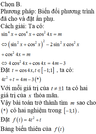 Tìm tất cả các giá trị thực của tham số m để phương trình sin4x+cos4x+cos24x=m có 4 nghiệm phân biệt x∈-π4;π4