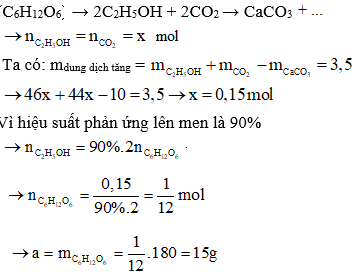 Lên men a gam glucozơ với hiệu suất 90%, lượng sản phẩm sinh ra được hấp thụ hết vào nước vôi trong thu được 10 gam kết tủa và khối lượng dung dịch tăng 3,5 gam. Giá trị của a là: