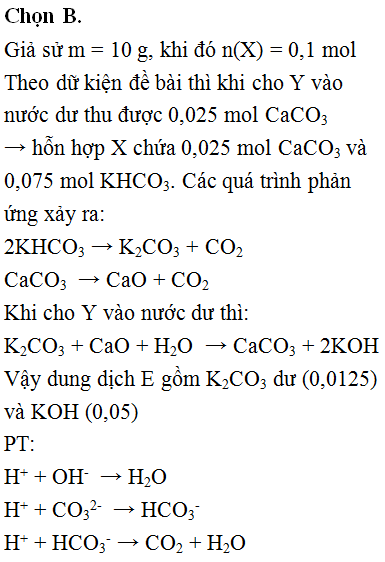 Nung m gam hỗn hợp X gồm KHCO<sub>3</sub> và CaCO<sub>3</sub> ở nhiệt độ cao đến khối lượng không đổi, thu được chất rắn Y. Cho Y vào nước dư, thu được 0,25m gam chất rắn Z và dung dịch E. Nhỏ từ từ dung dịch HCl 1M vào E, khi khí bắt đầu thoát ra cần dùng V<sub>1</sub> lít dung dịch HCl và khi khí thoát ra hết, thì thể tích dung dịch HCl đã dùng là V<sub>2</sub> lít. Tỉ lệ V<sub>1</sub> : V<sub>2</sub> là: