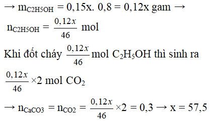 Đốt cháy hoàn toàn 15 ml dung dịch cồn x<sup>o</sup>. Lượng CO<sub>2 </sub>sinh ra cho qua dung dịch Ca(OH)<sub>2</sub> dư thu được 30 gam kết tủa. Biết khối lượng riêng của C<sub>2</sub>H<sub>5</sub>OH bằng 0,8 g/ml. Giá trị của x là: