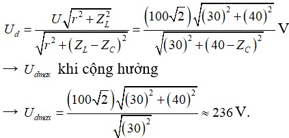 Một đoạn mạch điện xoay chiều gồm cuộn dây có r=30 Ω , ZL=40 và tụ điện có điện dung thay đổi được. Đặt vào hai đầu đoạn mạch một điện áp xoay chiều u=200cos100πtV (U0 không đổi và t được tính bằng giây). Thay đổi C để điện áp hiệu dụng trên cuộn dây là lớn nhất. Giá trị lớn nhất này là