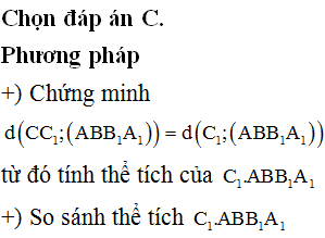 Cho lăng trụ ABC.A1B1C1 có diện tích mặt bên ABB1A1 bằng 4, khoảng cách giữa cạnh CC1 và mặt phẳng ABB1A1 bằng 6. Tính thể tích khối lăng trụ ABC.A1B1C1