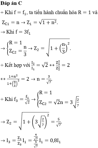 Đặt điện áp u=U2 cos2 πft (trong đó U không đổi, f thay đổi được) vào hai đầu đoạn mạch gồm R và C mắc nối tiếp. Khi tần số là f1  hoặc f2 = 3f1 thì cường độ hiệu dụng qua mạch tương ứng là I1 và I2với I2=2I1. Khi đó tần số là f3=f12 cường độ hiệu dụng trong mạch bằng