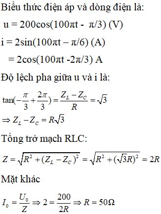 Một đoạn mạch điện xoay chiều RLC nối tiếp. Biểu thức của hiệu điện thế ở hai đầu mạch và cường độ dòng điện chạy qua mạch có biểu thức lần lượt là u = 200cos(100πt - π/3) (V) và i = 2sin(100πt – π/6) (A). Điện trở thuần của đoạn mạch là