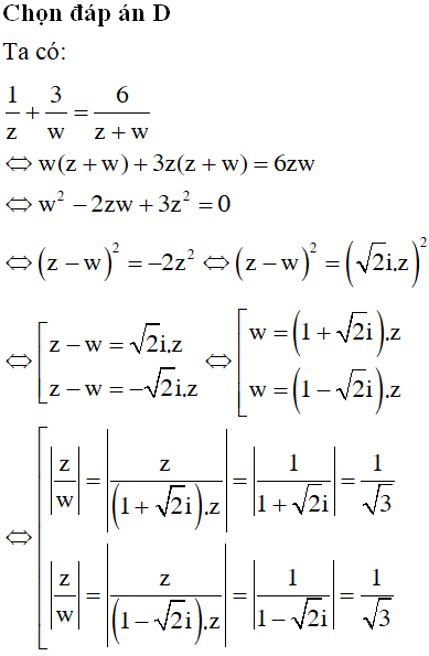 Cho các số phức z, w khác 0 thỏa mãn z+w≠0 và 1z+3w=6z+w. Khi đó zw bằng