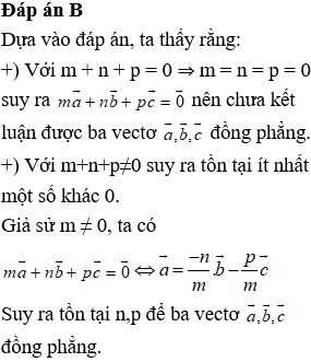 Cho ba vectơ a→,b→,c→. Điều kiện nào dưới đây khẳng định ba vectơ a→,b→,c→ đồng phẳng?