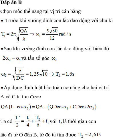 Một con lắc đơn có chiều dài 1,92 m treo vào điểm T cố định. Từ vị trí cân bằng O, kéo con lắc về bên phải đến A rồi thả nhẹ. Mỗi khi vật nhỏ đi từ phải sang trái ngang qua B thì dây vướng vào đinh nhỏ tại D, vật dao động trên quỹ đạo ∆OBC (được minh họa bằng hình bên). Biết TD = 1,28 m, α1= α2 = 40. Bỏ qua mọi ma sát. Lấy g=π2. Chu kì dao động của con lắc là