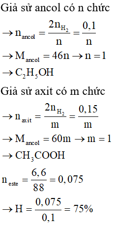 Cho 4,6 gam ancol X tác dụng với Na dư thu được 1,12 lít H<sub>2</sub>. Cho 9,0 gam axit hữu cơ Y tác dụng với Na dư thu được 1,68 lít H<sub>2</sub>. Đun nóng hỗn hợp gồm 4,6 gam ancol X và 9,0 gam axit hữu cơ Y (xúc tác H<sub>2</sub>SO<sub>4</sub> đặc, t<sup>o</sup>) thu được 6,6 gam este E. Các thể tích khí đo ở điều kiện tiêu chuẩn, hiệu suất phản ứng tạo thành este là