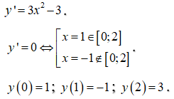 Giá trị nhỏ nhất của hàm số y = x3-3x+1 trên đoạn [0;2] là: