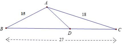 Cho tam giác ABC có AB = 15cm, AC = 18cm, BC = 27cm. Điểm D thuộc cạnh BC sao cho CDCB=49 . Độ dài AD là: