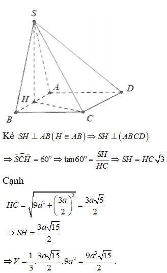 Cho khối chóp S.ABCD có ABCD là hình vuông cạnh 3a. Tam giác SAB cân tại S và nằm trong mặt phẳng vuông góc với đáy. Tính thể tích khối chóp S.ABCD biết góc giữa SC và (ABCD) bằng 60°.