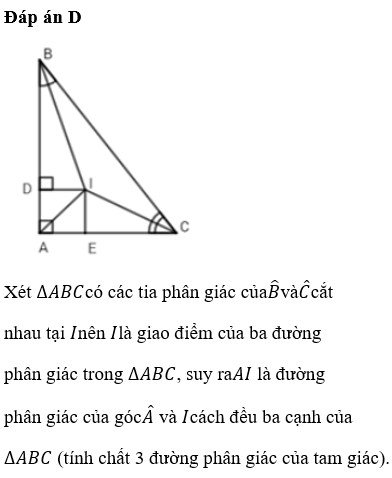 Cho ta giác ABC có A^=90° , các tia phân giác của B^, C^ và cắt nhau tại I. Gọi là chân các đường vuông góc hạ từ I đến các cạnh AB và AC. Khi đó ta có: