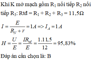 Có mạch điện như hình vẽ. Nguồn điện có suất điện điện E = 12V và có điện trở trong r = 0,5 Ω. Các điện trở mạch ngoài R1 = 4,5Ω, R2 = 4Ω, R3 = 3Ω. Hiệu suất của nguồn điện khi K mở là: