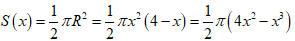 Tính thể tích V của vật thể giới hạn bởi hai mặt phẳng x=0 và x=4 , biết rằng khi cắt bởi mặt phẳng tùy ý vuông góc với trục Ox tại điểm có hoành độ x(0<x<4) thì được thiết diện là nửa hình tròn bán kính R=x4-x