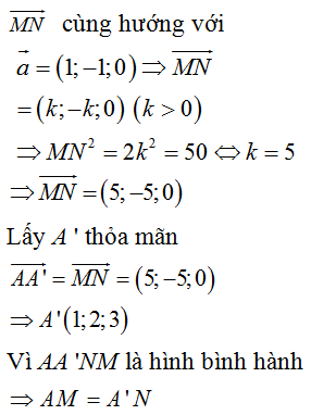 Trong không gian Oxyz, cho a→1;-1;0 và hai điểm A-4;7;3; B4;4;5. Giả sử M, N là hai điểm thay đổi trong mặt phẳng (Oxy) sao cho MN→ cùng hướng với a→ và MN=52. Giá trị lớn nhất của AM-BN bằng: