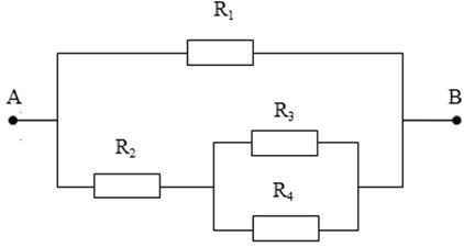 Cho mạch điện như hình vẽ. Biết R1 = 15 Ω, R2 = R3=R4 = 10 Ω và điện trở của ampe kế và dây nối không đáng kể. Tổng trở của mạch là