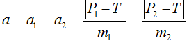 Cho cơ hệ như hình vẽ, biết hai vật m<sub>1</sub> = 1kg; m<sub>2</sub> = 2kg, được nối với nhau bằng một sợi dây nhẹ không giãn, bắc qua một ròng rọc có ma sát không đáng kể. Cho g = 10m/s<sup>2</sup>. Tính sức căng của sợi dây và gia tốc của cơ hệ ?