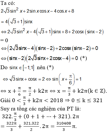 Gọi S là tâp hợp tất cả các nghiệm thuộc khoảng (0;2018) của phương trình lượng giác 3(1-cos2x)+sin2x-4cosx+8=4(3+1)sinx. Tính tổng tất cả các phần tử của S là