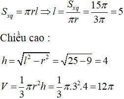 Khối nón có bán kính (N) đáy bằng và 3 diện tích xung quanh bằng. Tính 15p thể tích V của khối nón (N):