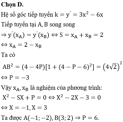 Biết A(xA;yA),B(xB;yB) là hai điểm thuộc đồ thị (C) của hàm số y=x2-3x2+2 sao cho tiếp tuyến tại A,B song song và độ dài AB=42. Giá trị của P=yA+yB-2xAxB bằng